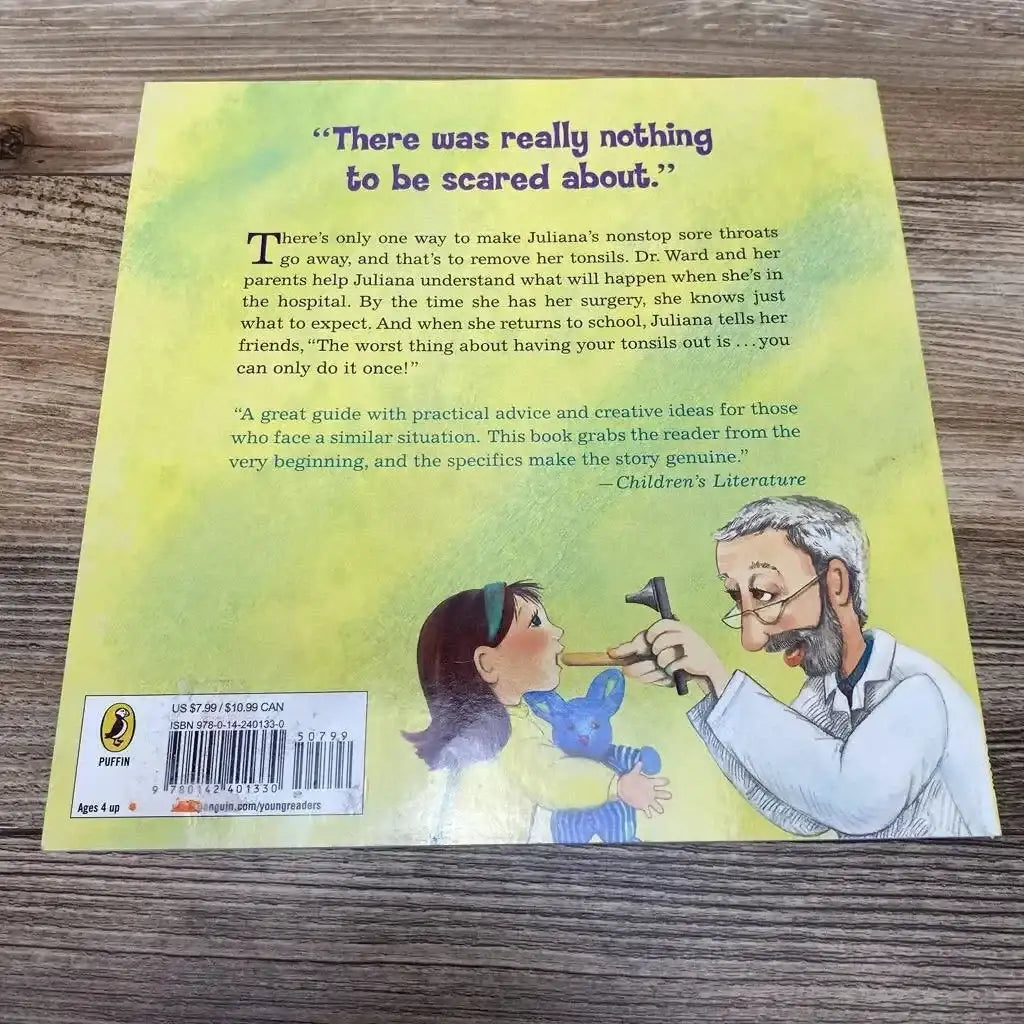 Back cover of Good-bye Tonsils! Paperback Book featuring There was really nothing to be scared about and a doctor examining a girl