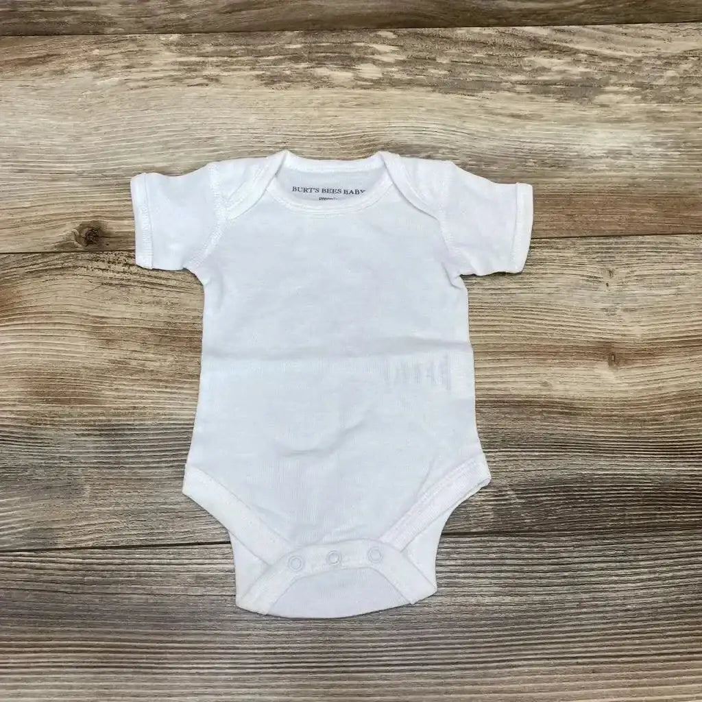 Front view of Burt’s Bees Baby Bodysuit sz PREEMIE in 100% organic cotton with short sleeves and bottom snaps