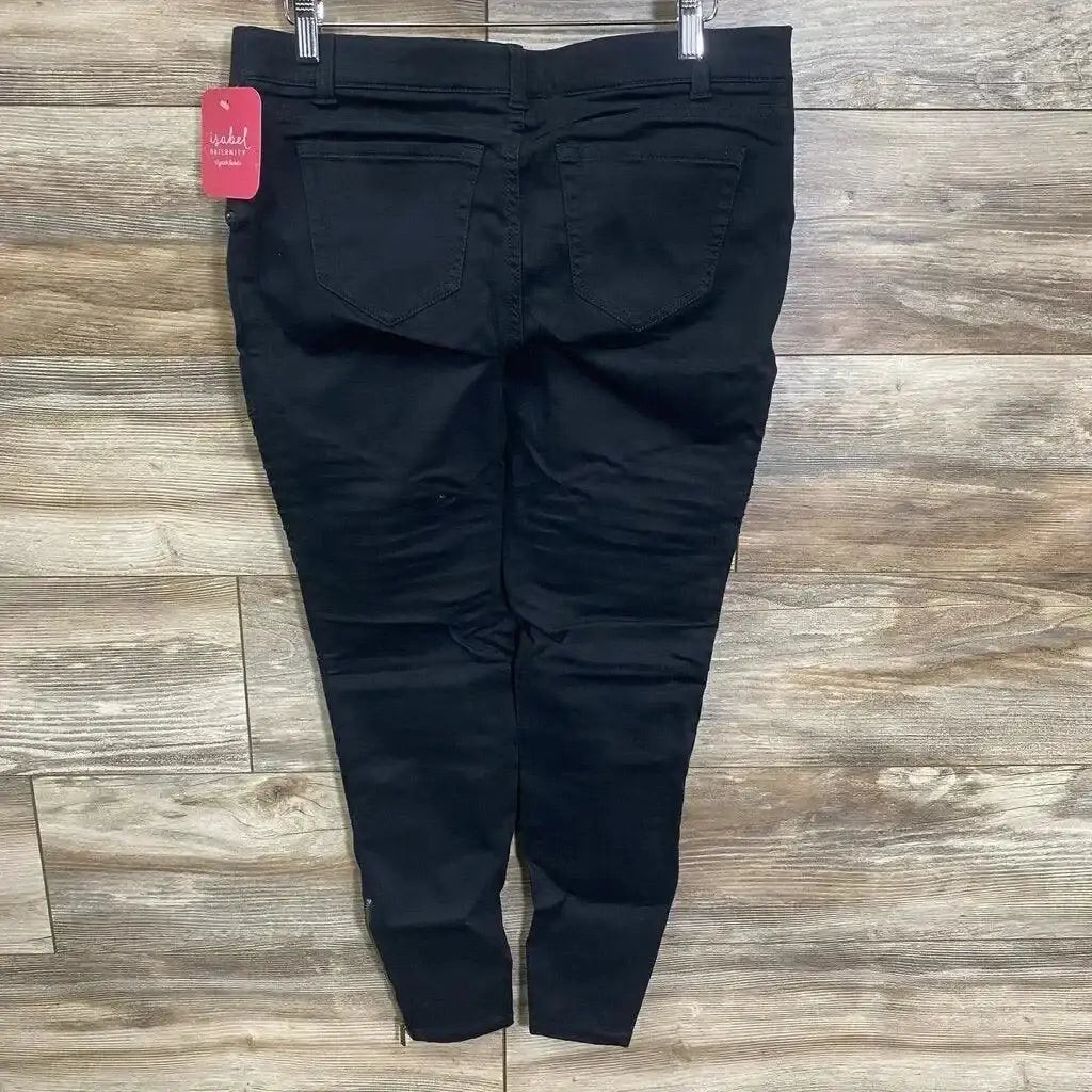 Back view of NEW Isabel Maternity utility jeggings in black with back pockets and red hangtag on wood plank floor