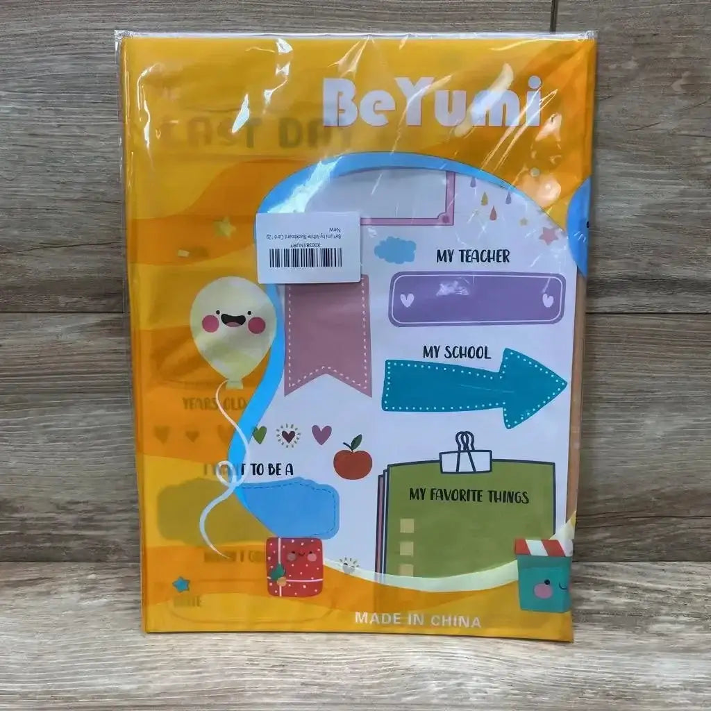 Front view of Beyumi school sign with fill-in fields for teacher, school and favorites, packaged on wood background