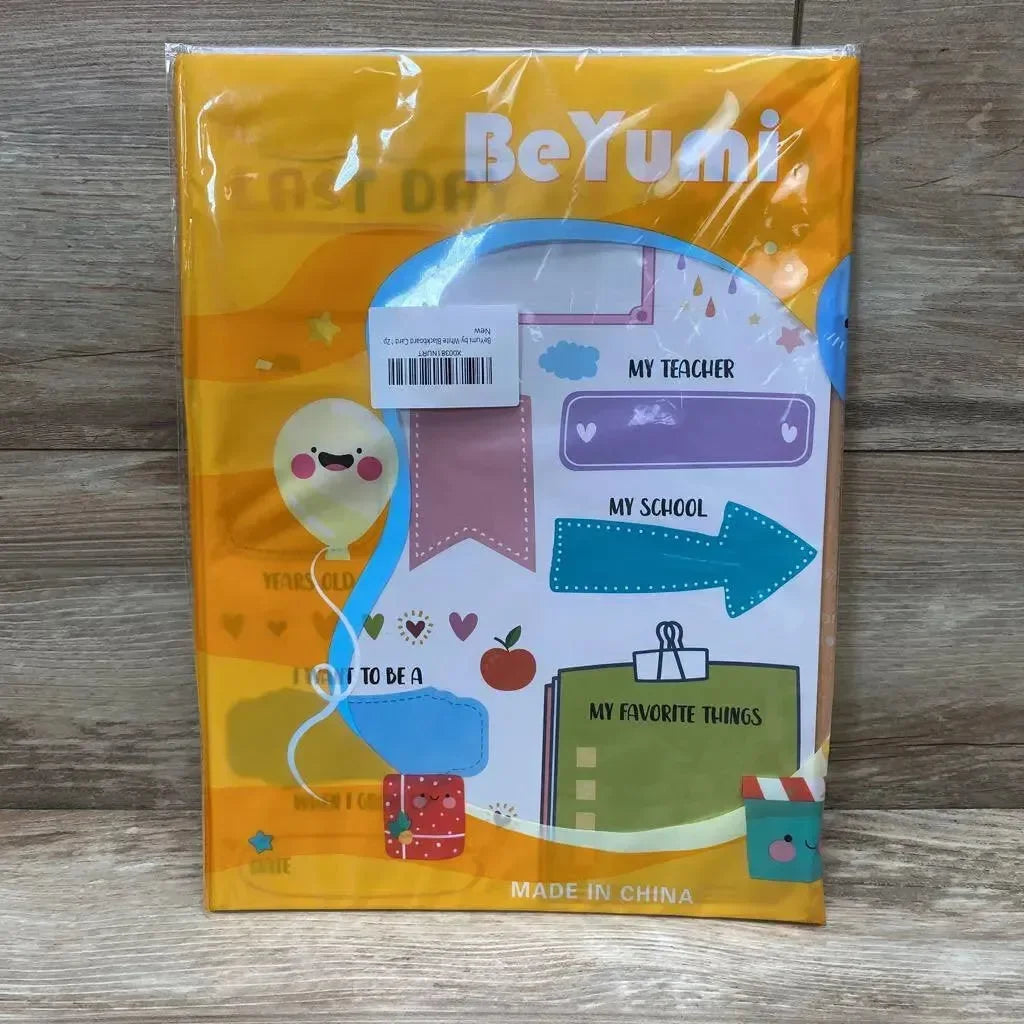 Front view of Beyumi school sign with fill-in fields for teacher, school and favorites, packaged on wood background