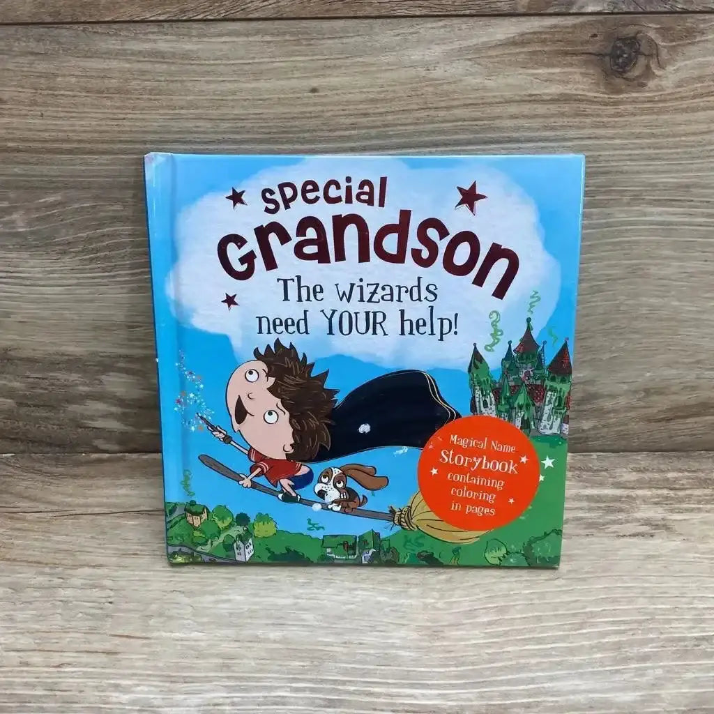 Front view of Special Grandson Magical Name Storybook hardcover showing wizard boy on broomstick with coloring pages sticker on wood plank floor