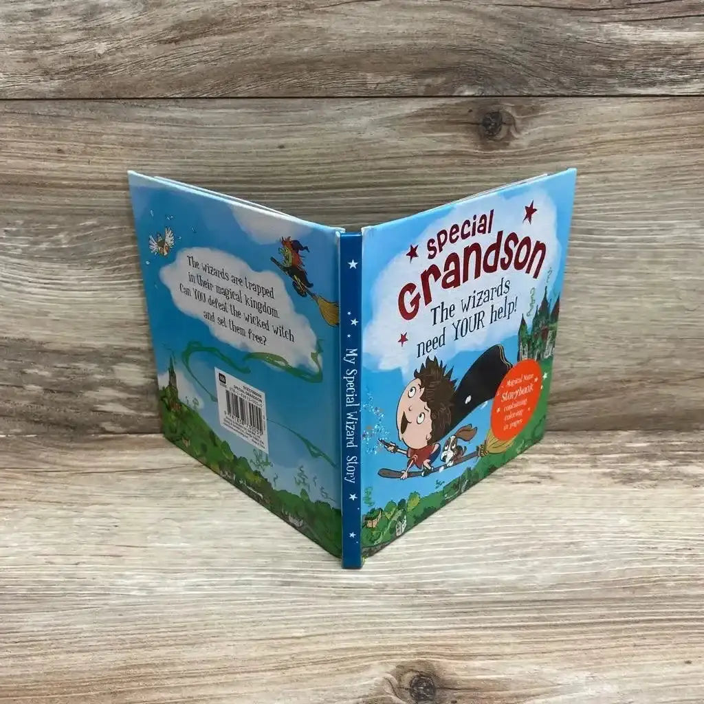 Three-quarter view of My Name Magical Storybooks Special Grandson hardcover book showcasing blue cover with wizard boy graphic standing open on wood plank floor