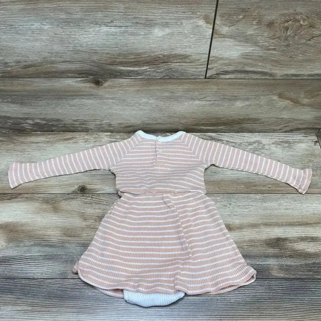 Front view of pink striped bodysuit dress, 18 months, showing snap-closure bottom and short sleeves on white background