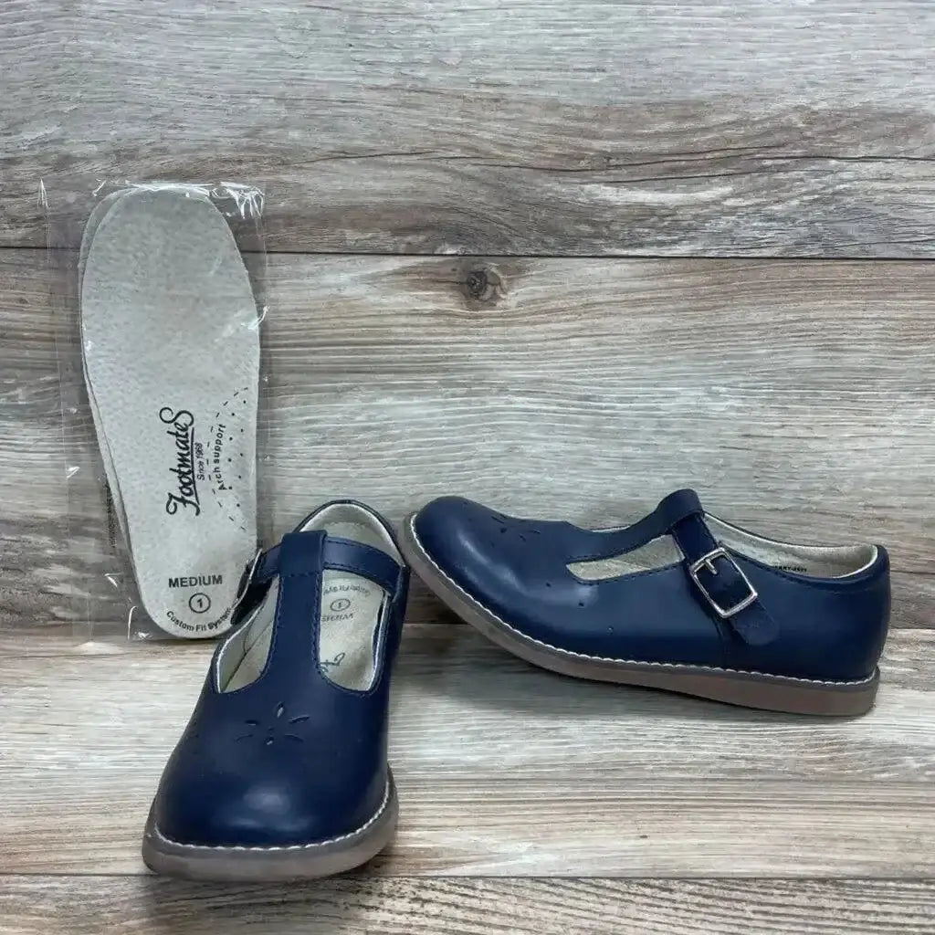 Front view of Footmates Sherry Mary Jane shoes, navy size 1Y, showcasing single strap and light scuffing with plain white background