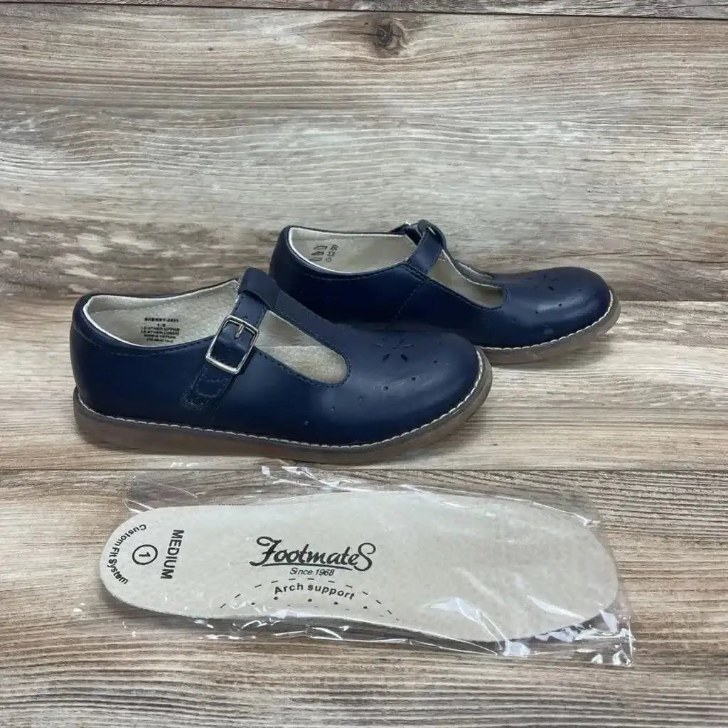 Front view of Footmates Sherry Mary Jane shoes, navy size 1Y, showcasing single strap and light scuffing with plain white background
