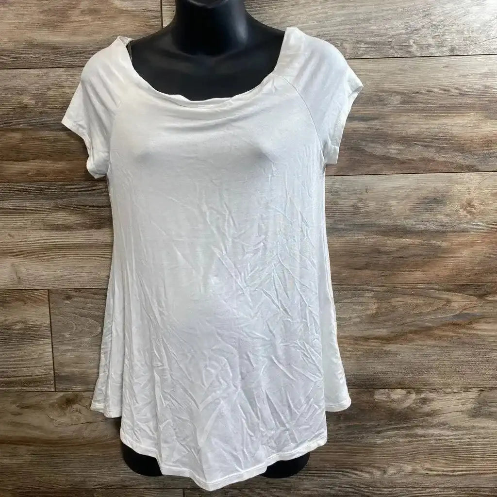 Front view of pink blush maternity shirt showing short sleeves and side ruching on white background