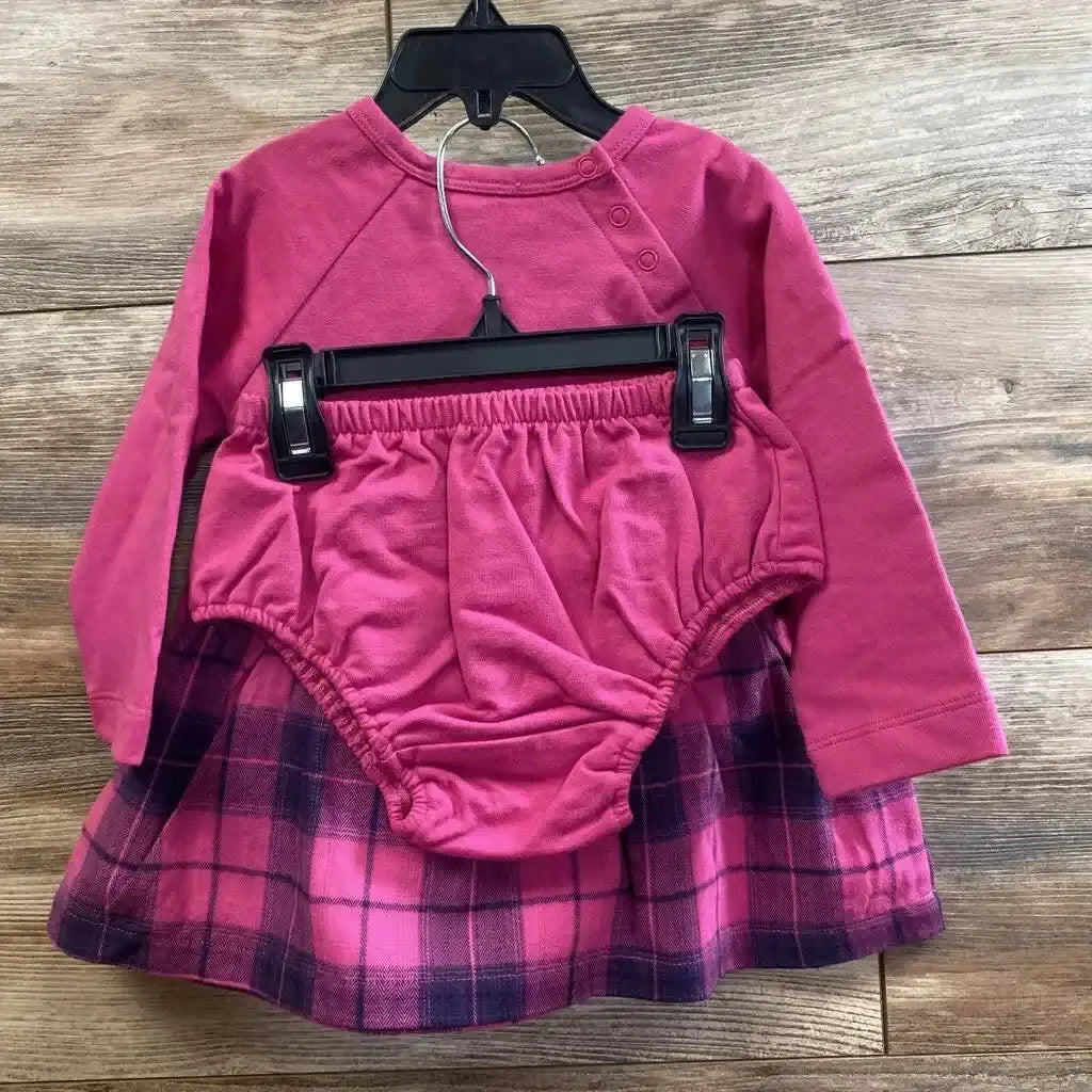 Front view of NEW Splendid 2pc Pretty In Plaid Long Sleeve Dress size 12-18m showcasing red violet long sleeve top plaid skirt and bloomers on hanger