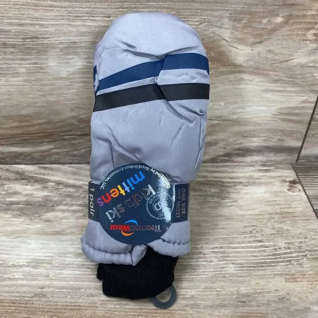 Front view of grey ThermaWear kids ski mitten showcasing navy and black stripes and black knit cuff on light wood background