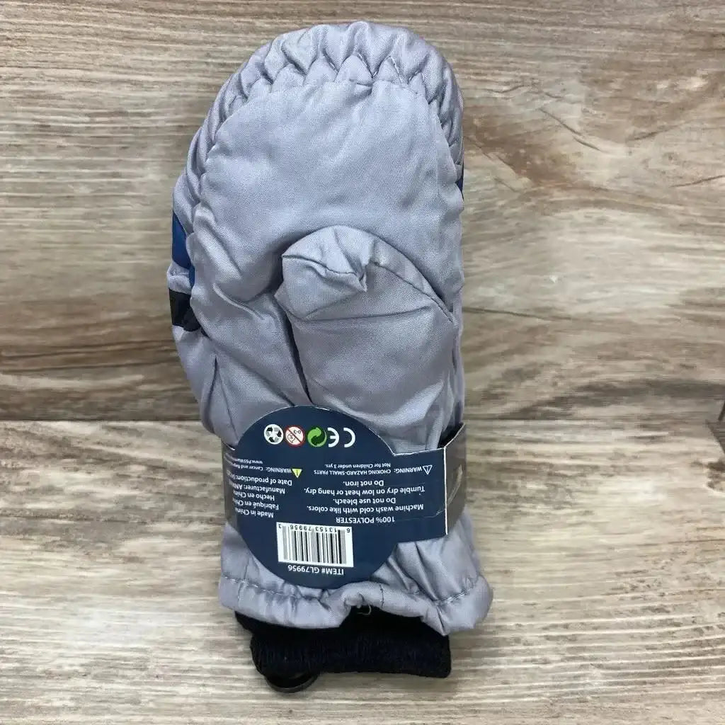 Front view of kids' ski striped mittens in grey showing elastic wrist, black knit cuff, and round product tag on wooden background
