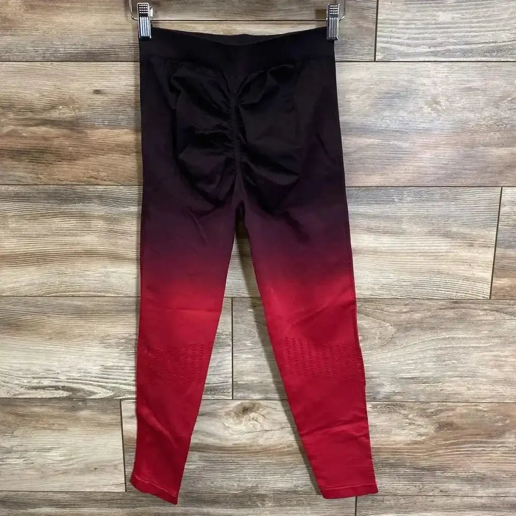 Front flat-lay of red maternity leggings (size S) showing high-rise belly-support panel on white background