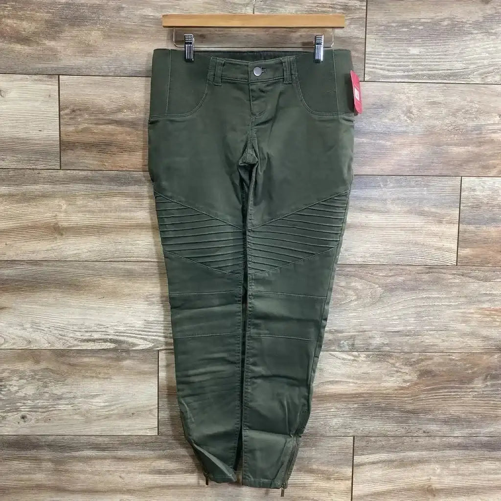 Front view of NEW Isabel Maternity Utility Jeggings sz 00 in olive green showcasing moto knee paneling and ankle zips with hangtag on wood hanger
