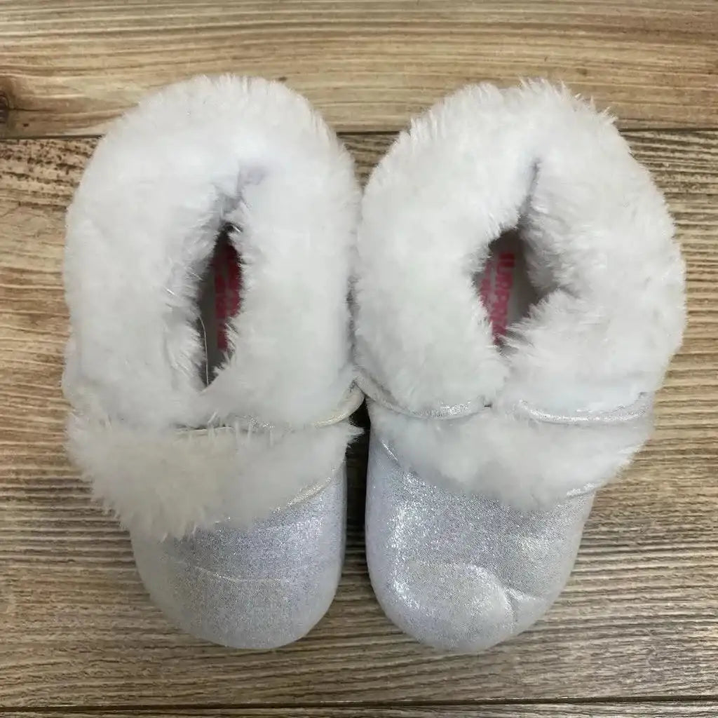 Front three-quarter view of silver toddler ankle booties size 4C showing glitter shimmer upper and side zipper on white background