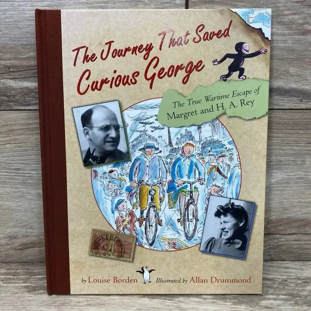 Front of hardcover 'The Journey That Saved Curious George' showing title, illustrated cover, and author photos on wood