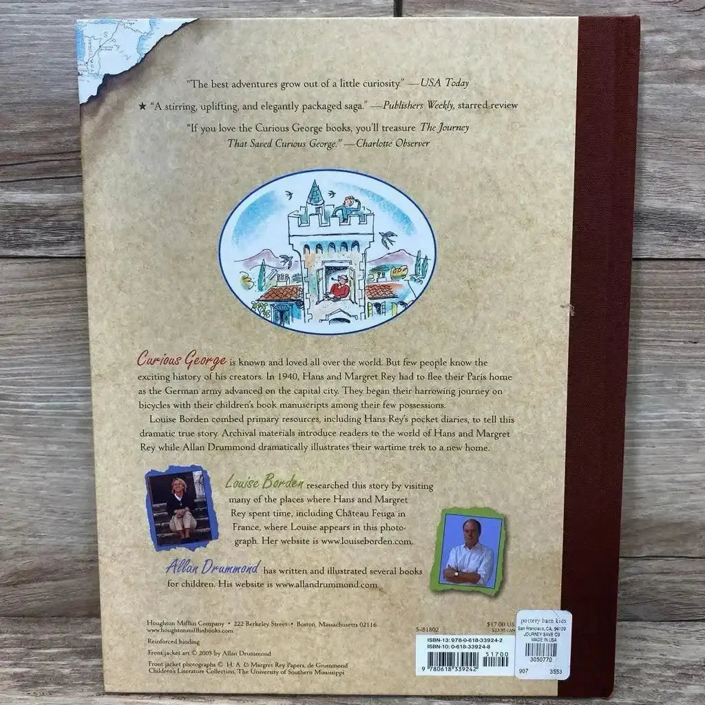 Back of The Journey That Saved Curious George hardcover with summary, author photos, barcode sticker, brown spine on wood