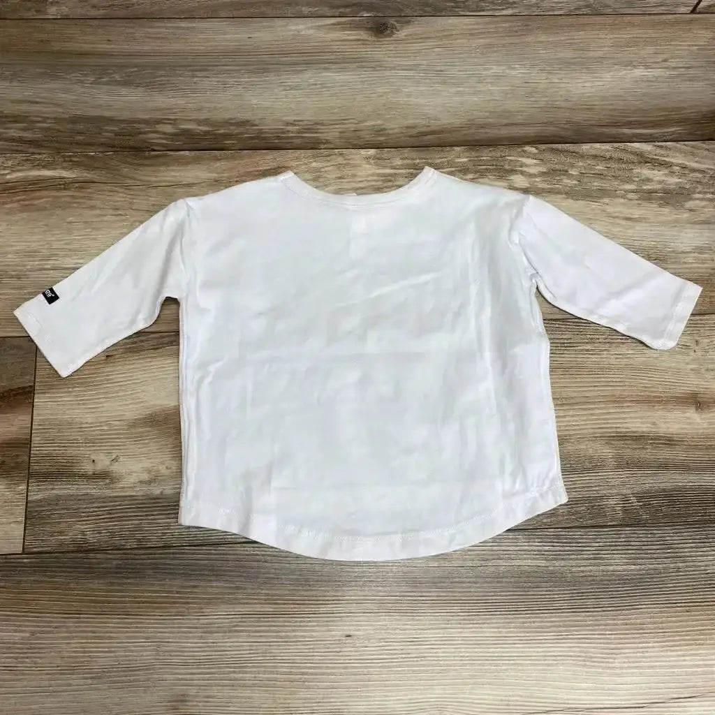 Front view of white Bonds baby t-shirt (6-12m) showcasing a printed orange tiger face on the chest on a plain white background