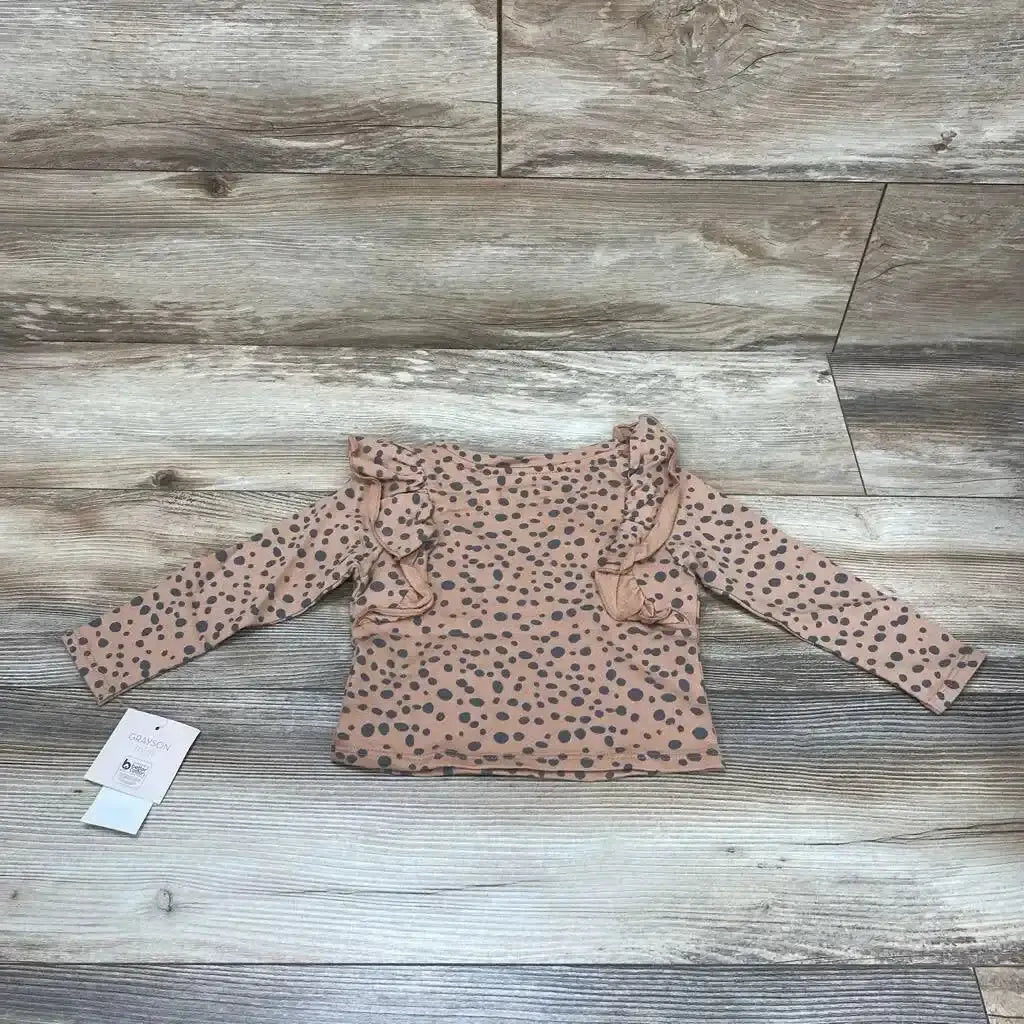 Front view of brown Grayson toddler ruffle top, 18-month size, showing mini ruffle details and sleeves on white background