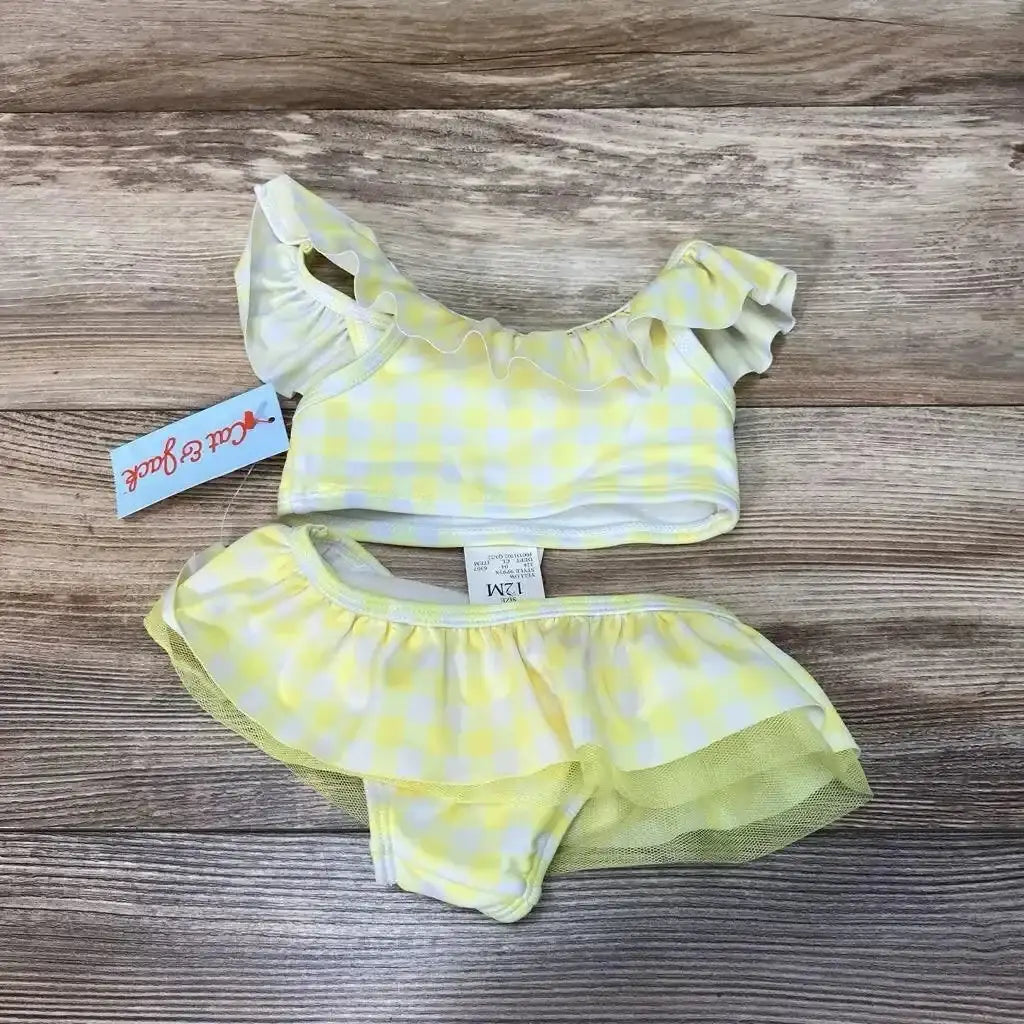 Front view of yellow gingham 2-piece baby bikini showing ruffled top and elastic-waist bottoms on white background