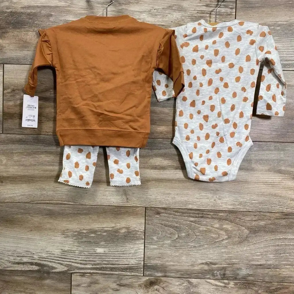 Overhead view of NEW Just One You 3pc Sweatshirt Set sz 6m showing brown sweatshirt with spotted bodysuit and matching pants