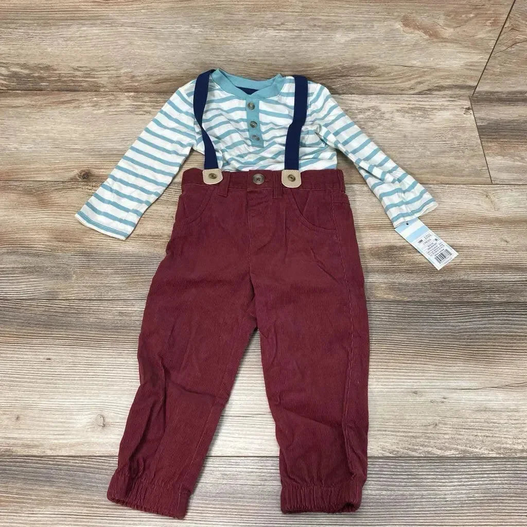 Flat lay of 18M Henley bodysuit with teal stripes and burgundy corduroy suspender pants with navy straps on wood floor