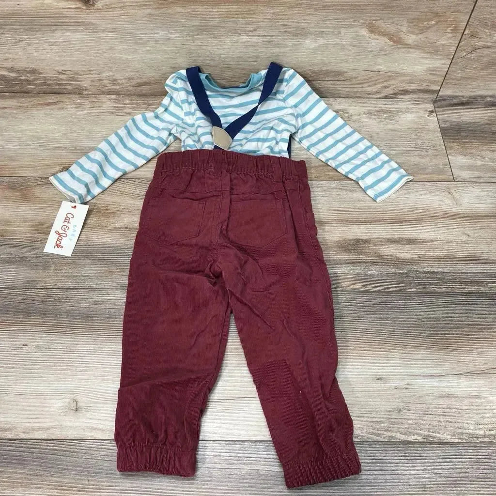 Flat lay of Cat and Jack henley bodysuit with striped long sleeves and maroon corduroy suspender pants on wood floor