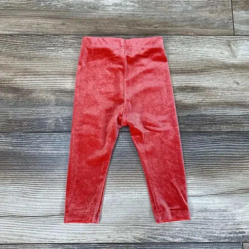 Front view of red Okie Dokie velour baby leggings size 3M showing elastic waistband and soft velour fabric on white background