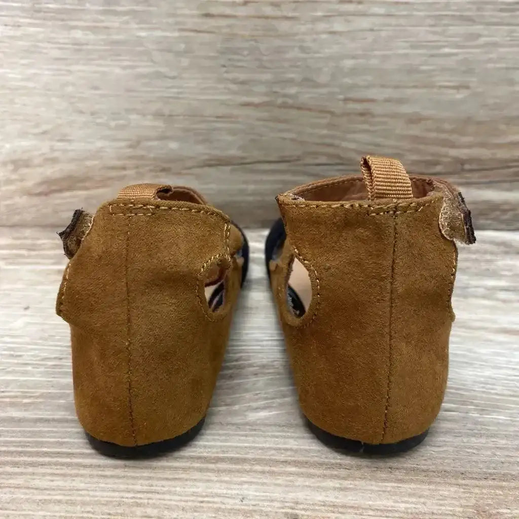 Side view of Old Navy toddler ballet flats in black and brown, size 5C, showing rounded toe and bow detail on white background