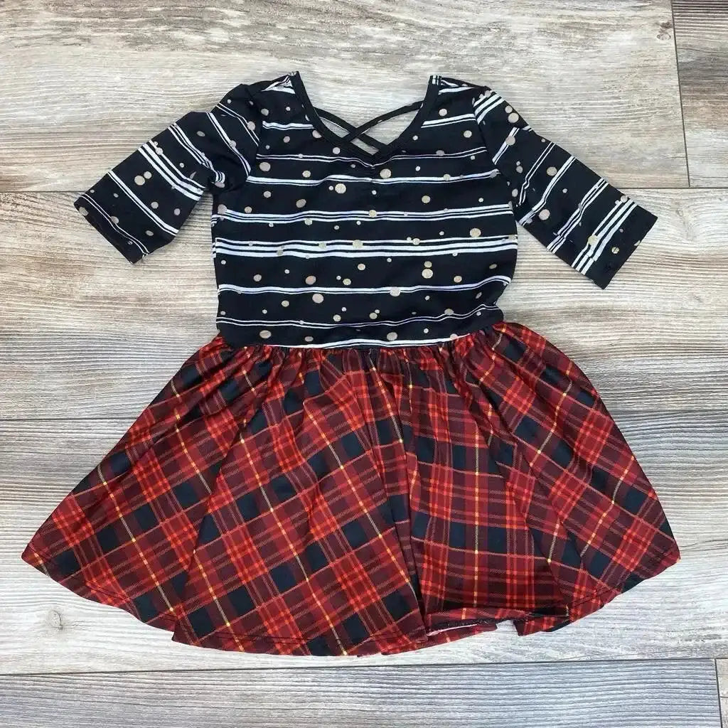 Front view of Dot Dot Smile Striped Plaid Dress sz 2T showcasing black striped polka-dot bodice and red plaid skirt on wood floor