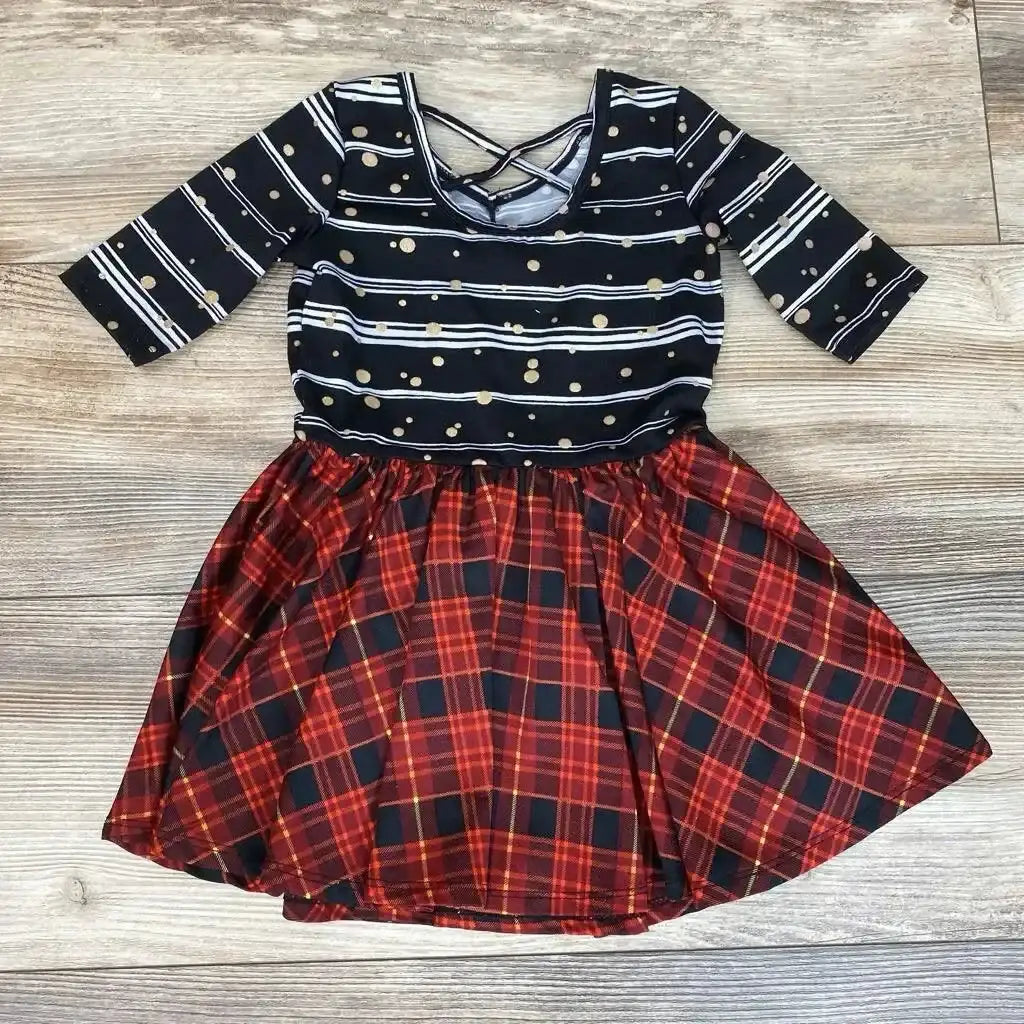 Front view of Dot Dot Smile Striped Plaid Dress sz 2T showcasing black striped top with gold dots and red plaid skirt on a wood floor