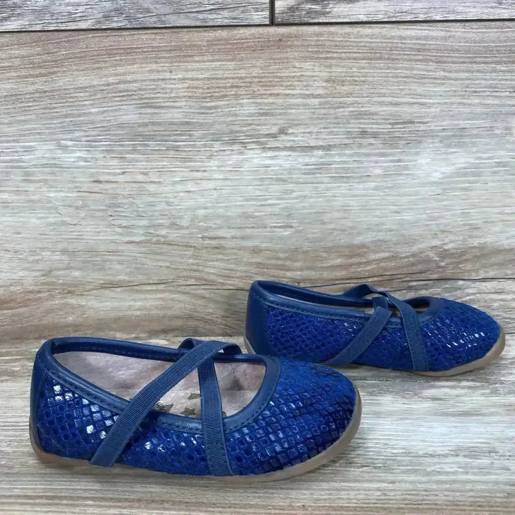 Top down view of Livie and Luca blue toddler ballet flats size 4C showing both shoes with bow detail and light wear on white background