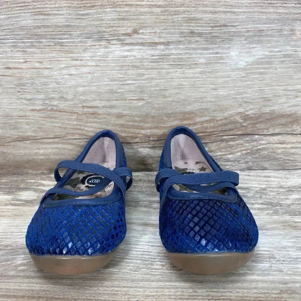 Front view of blue Livie & Luca toddler ballet flats showing diamond mesh upper, elastic cross strap, and tan rubber soles on a light wood background