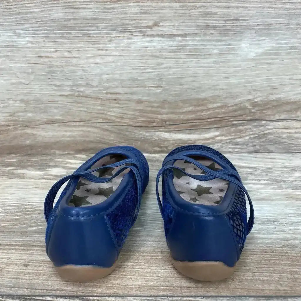Top down view of Livie and Luca blue toddler ballet flats size 4C showing both shoes with bow detail and light wear on white background