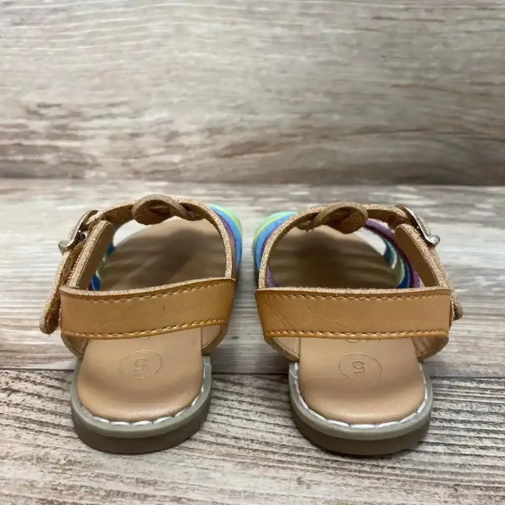 Front view of brown Cat and Jack sandals size 5C showing two Velcro straps and textured rubber sole on white background