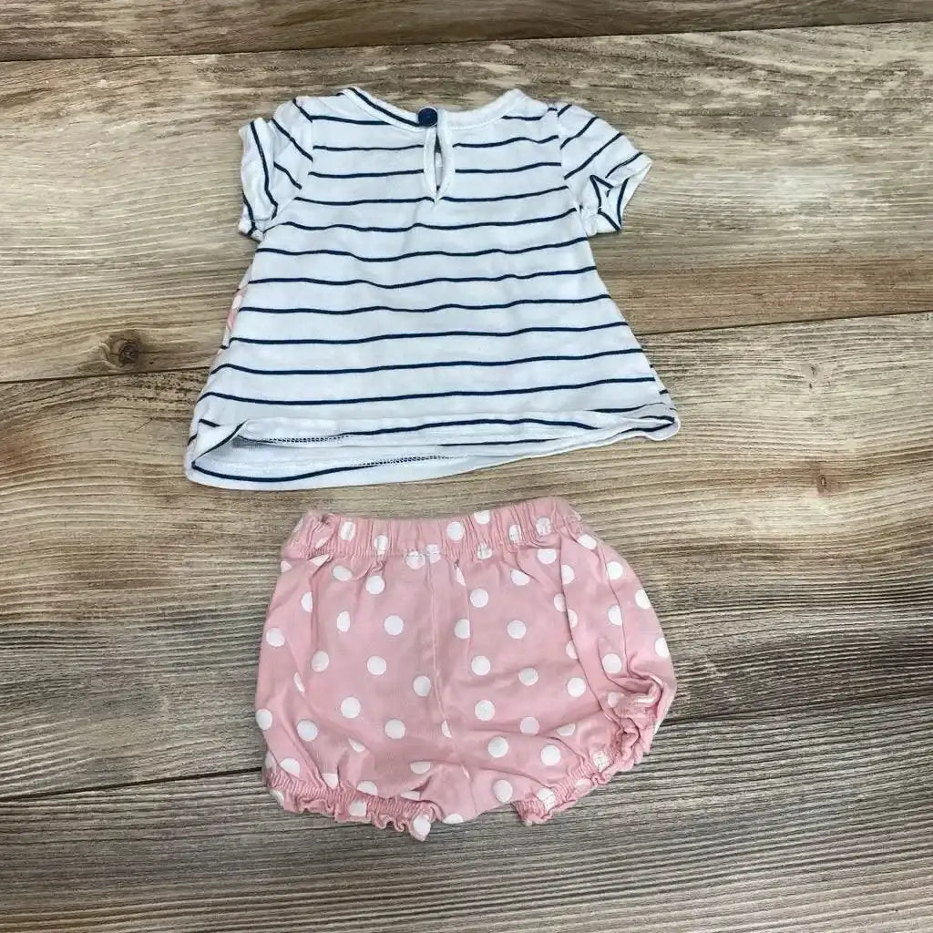 Flat lay of Carter’s NB two-piece: white navy-striped top with back keyhole and pink polka-dot bloomers on wood floor