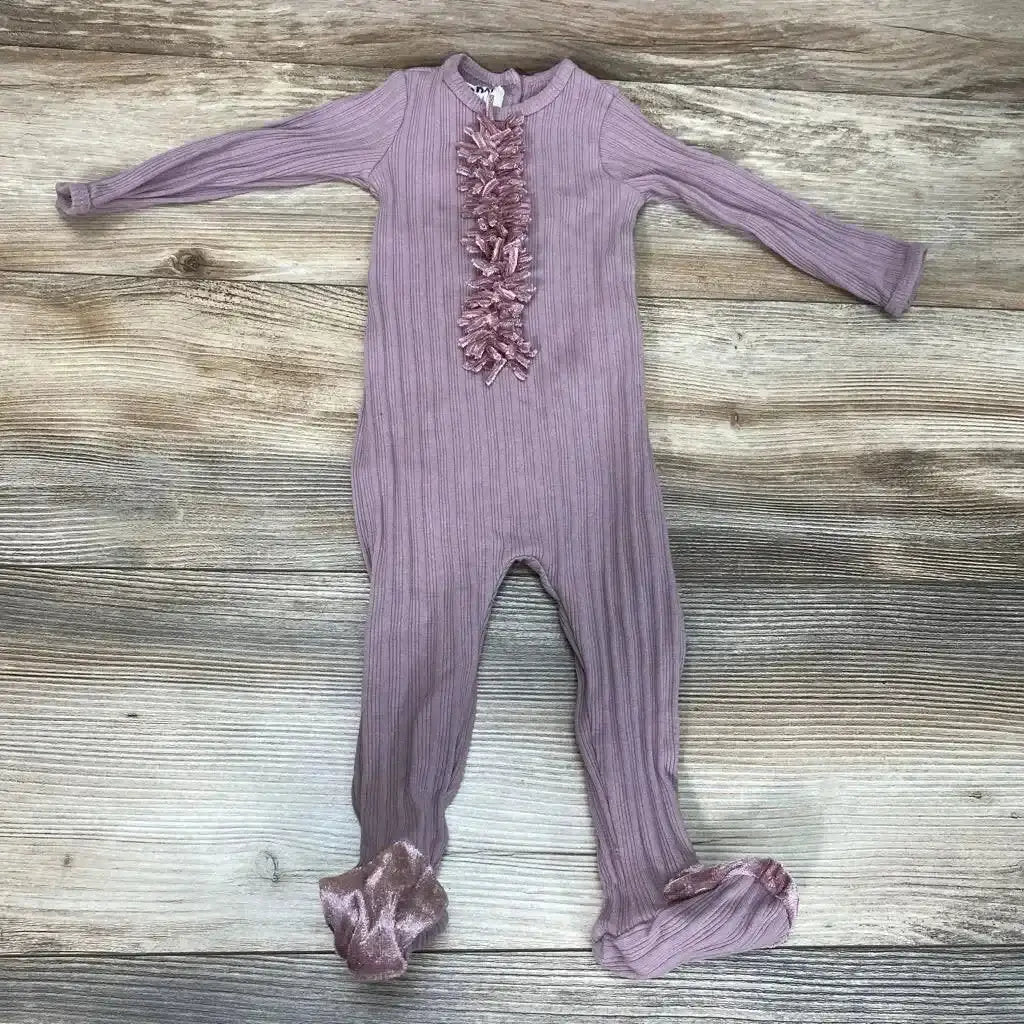 Front view of Hanna Kay Ruffle Footie sz 9m with ribbed fabric, long sleeves, ruffle trim, and footed legs
