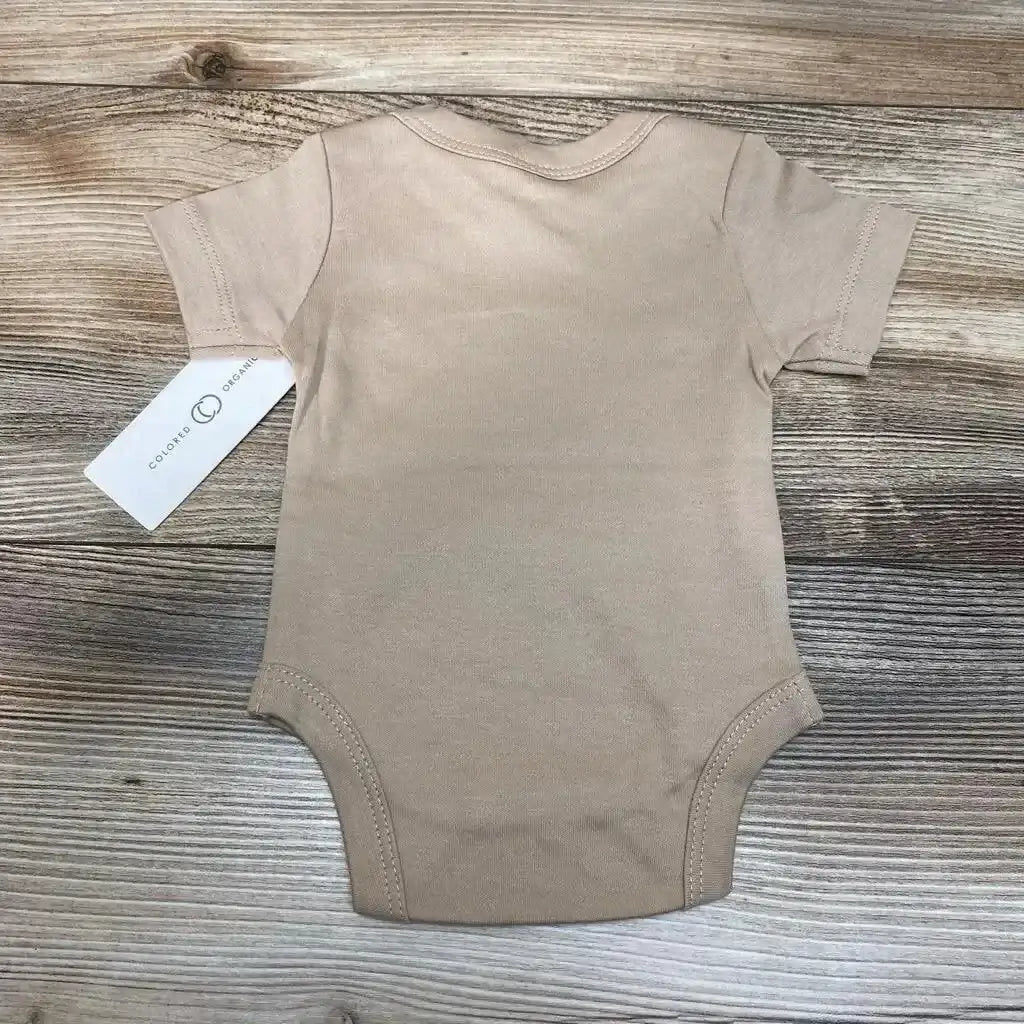 Front view of Colored Organics newborn bodysuit in clay showing lap shoulder and three snap closures on white background