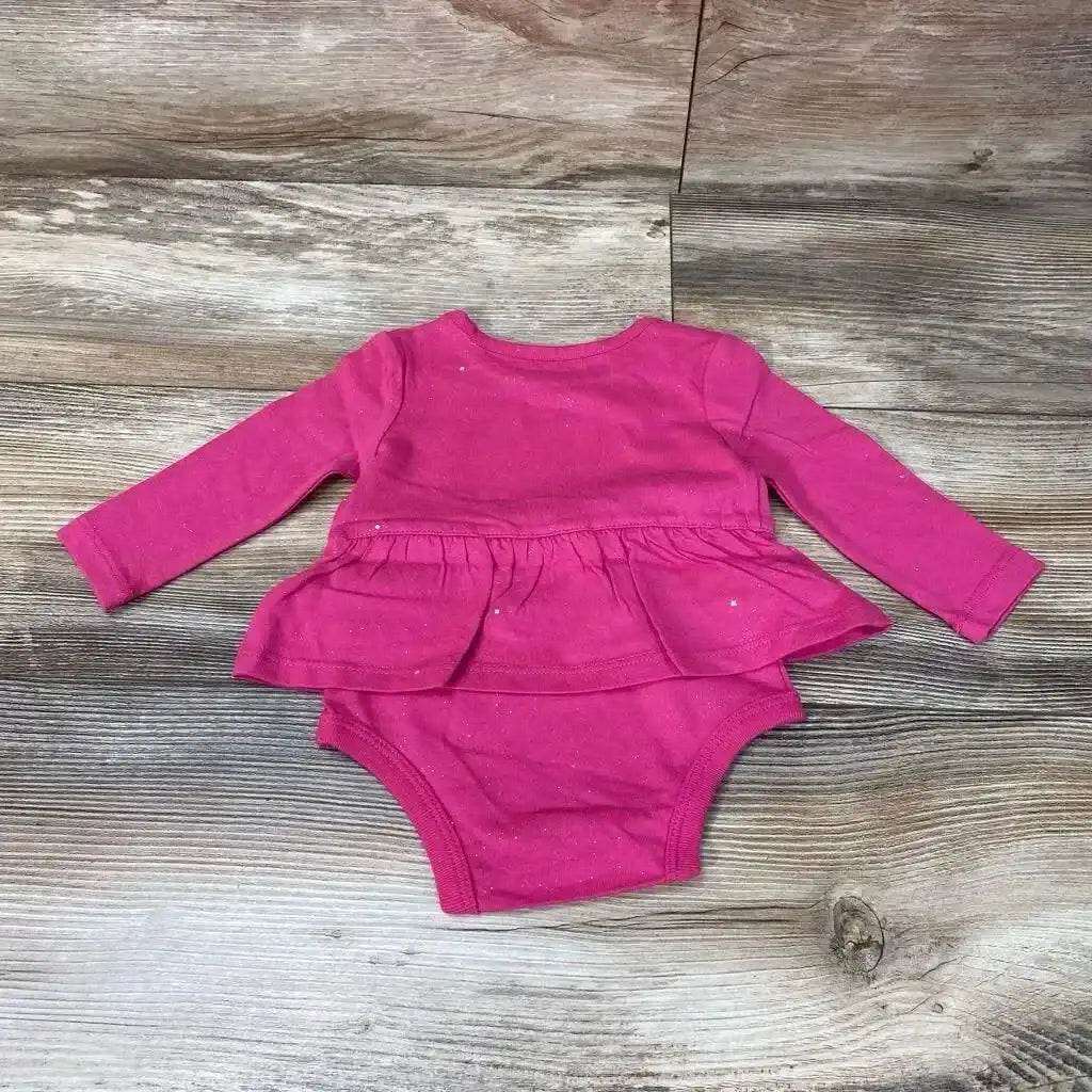 Front view of pink Okie Dokie skirted bodysuit size 6 months showcasing attached skirt and snap closures on white background