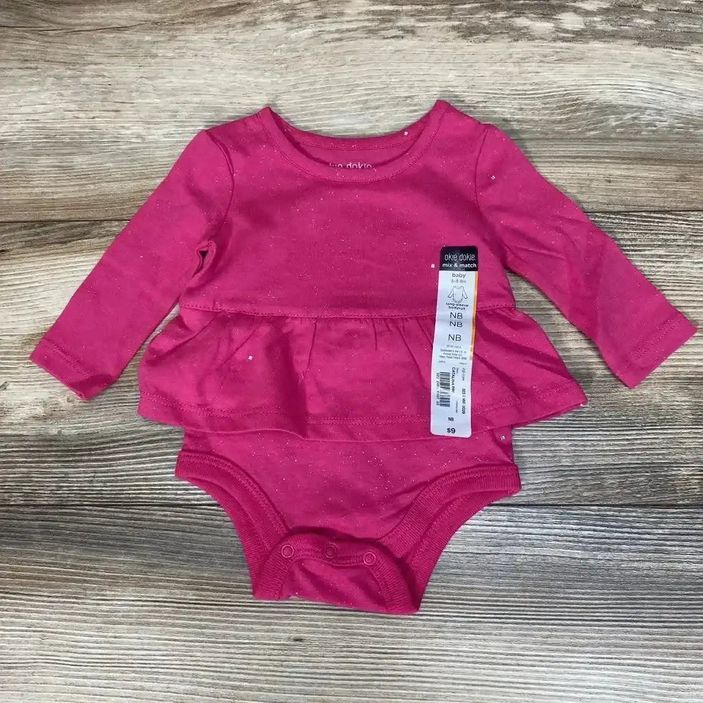 Front view of NEW Okie Dokie Skirted Bodysuit sz NB showcasing magenta long sleeves, a skirted overlay, and snap closures