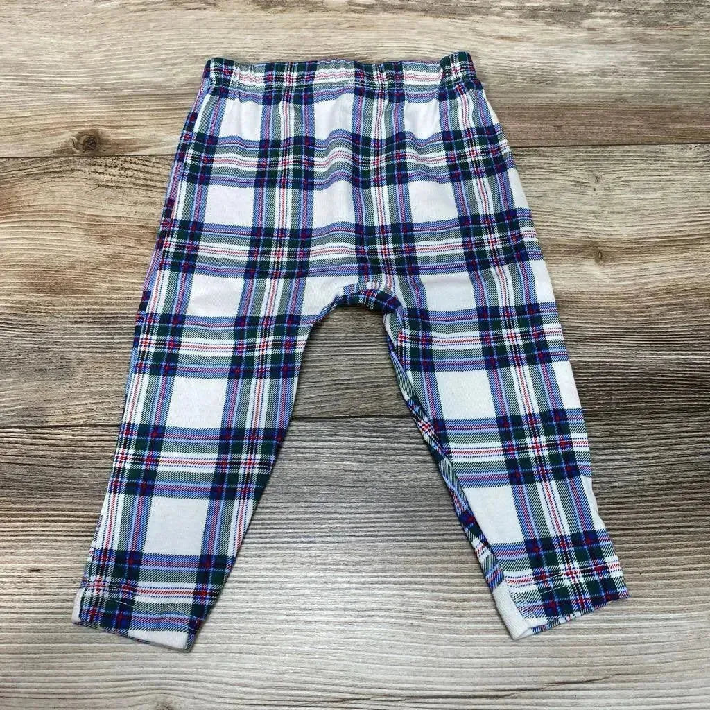 Front view of Okie Dokie plaid leggings sz 6m showcasing a blue, white, and red plaid pattern on 100% cotton fabric