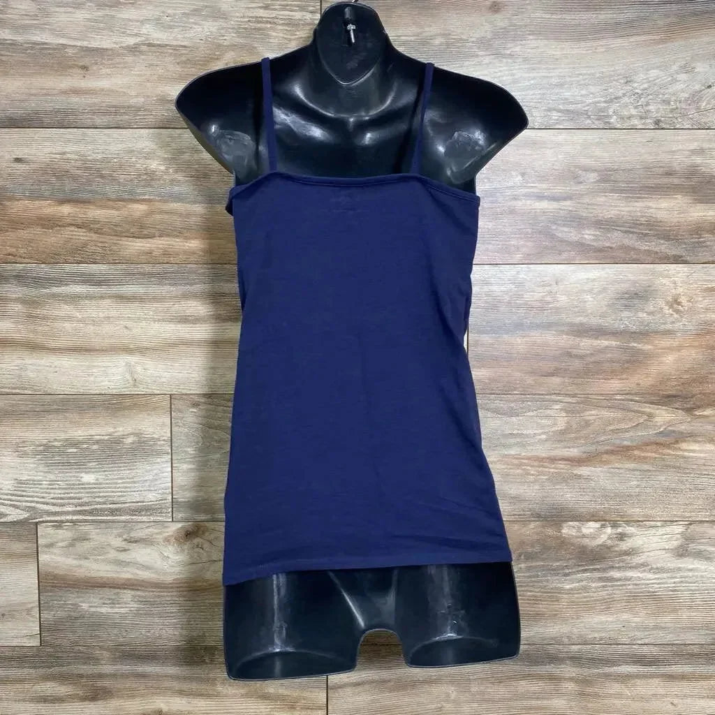 Front view of navy maternity tank top, size small, with thin straps and straight neckline on black torso mannequin against wood background