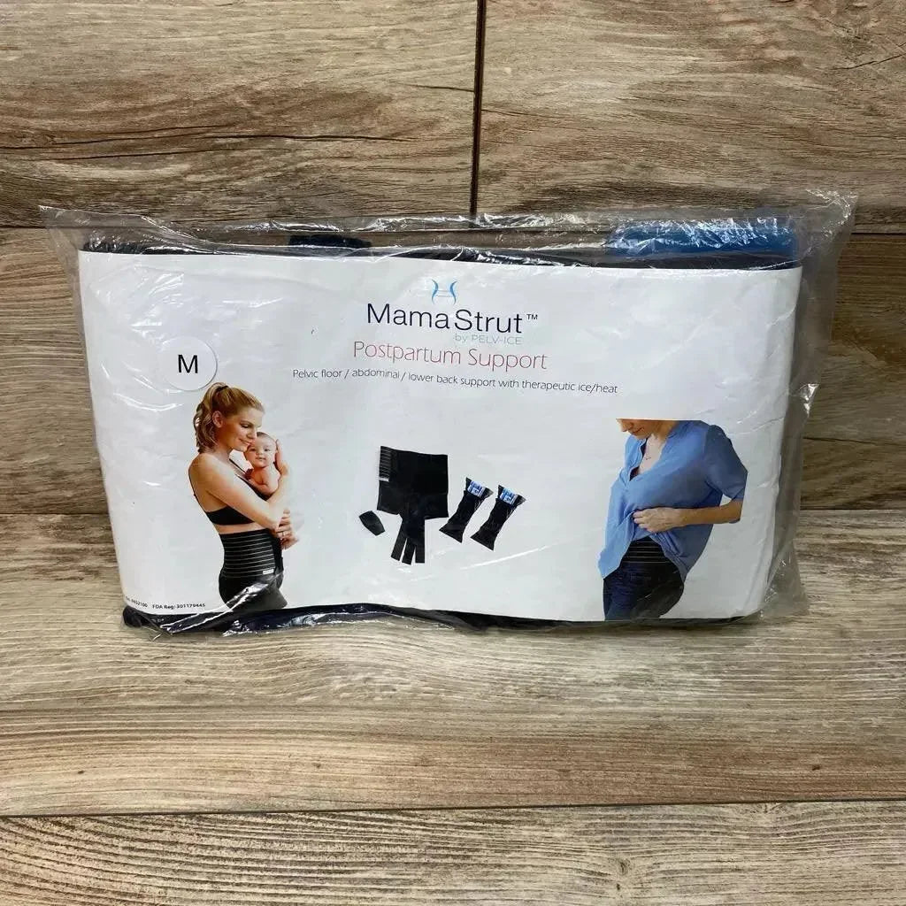 Front view of MamaStrut postpartum support brace, size M, packaged with therapeutic ice and heat packs on wood background