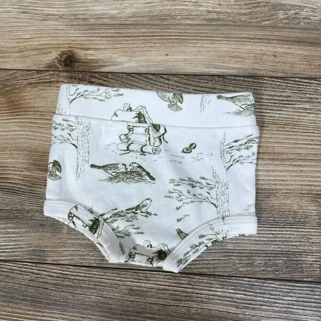 Front view of Kate Quinn Organic Bloomers showcasing a woodland print and elasticized leg openings on wood grain