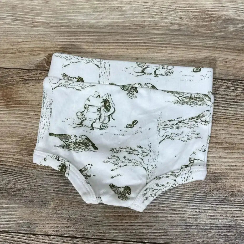 Top view of Kate Quinn Organic Bloomers sz 0-3m showcasing woodland animal print and elastic openings on wood grain