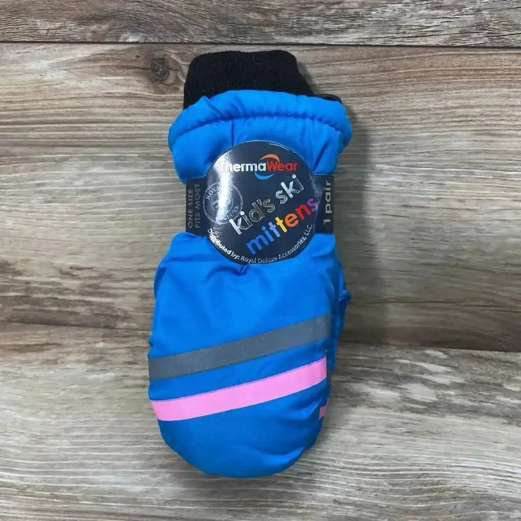 Top view of ThermaWear kid's turquoise ski mitten showcasing reflective gray and pink stripes on a wood background