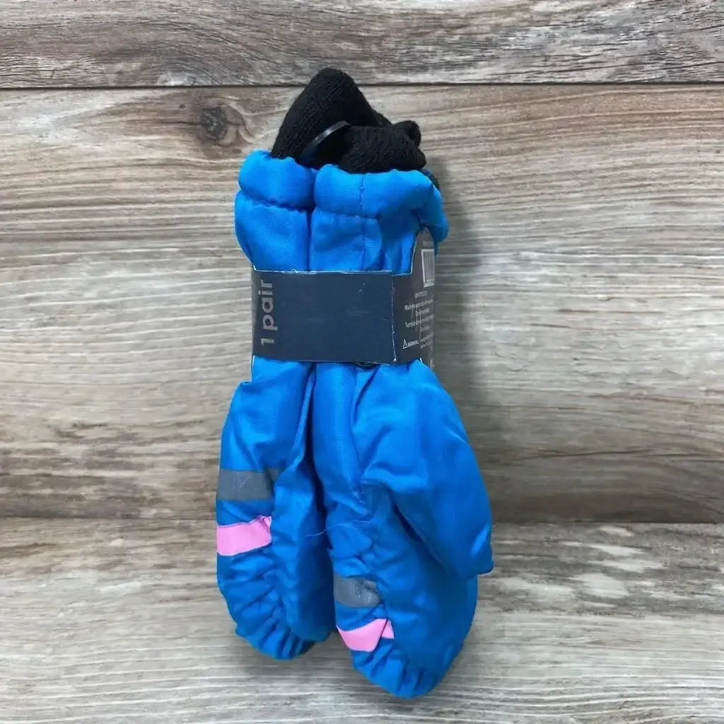 Front view of turquoise kids' ski mittens showing pink and gray stripe accents, black knit cuffs, on wood background