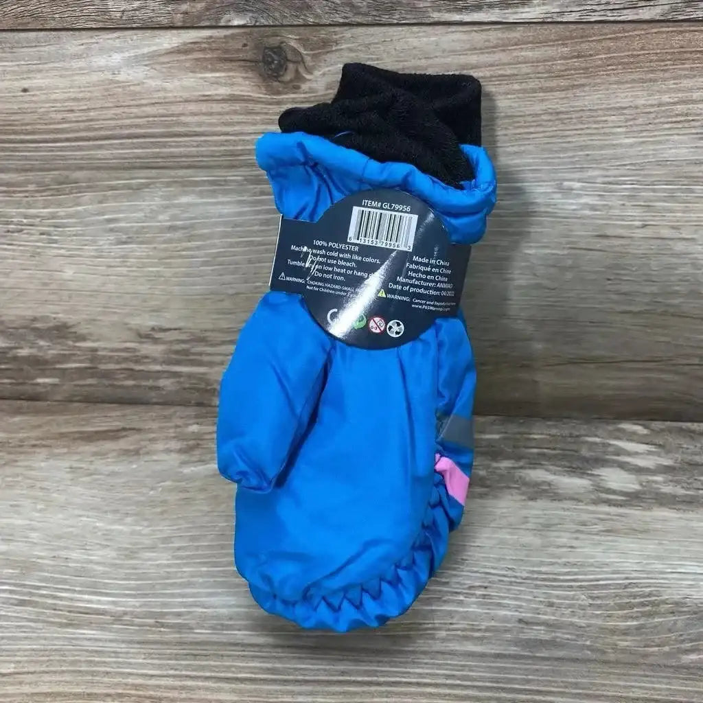 Front view of turquoise ThermaWear kids ski mitten showing black fleece cuff, elastic wrist and pink stripe on wood background