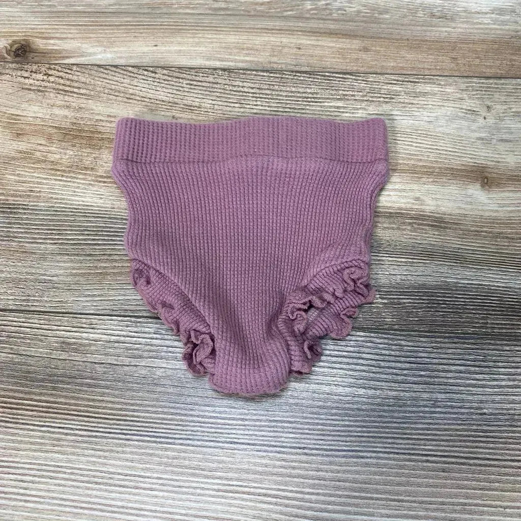 Front view of Spearmint Love organic cotton ruffle bloomers, size 0-3 months, with mauve ribbing and ruffled leg openings
