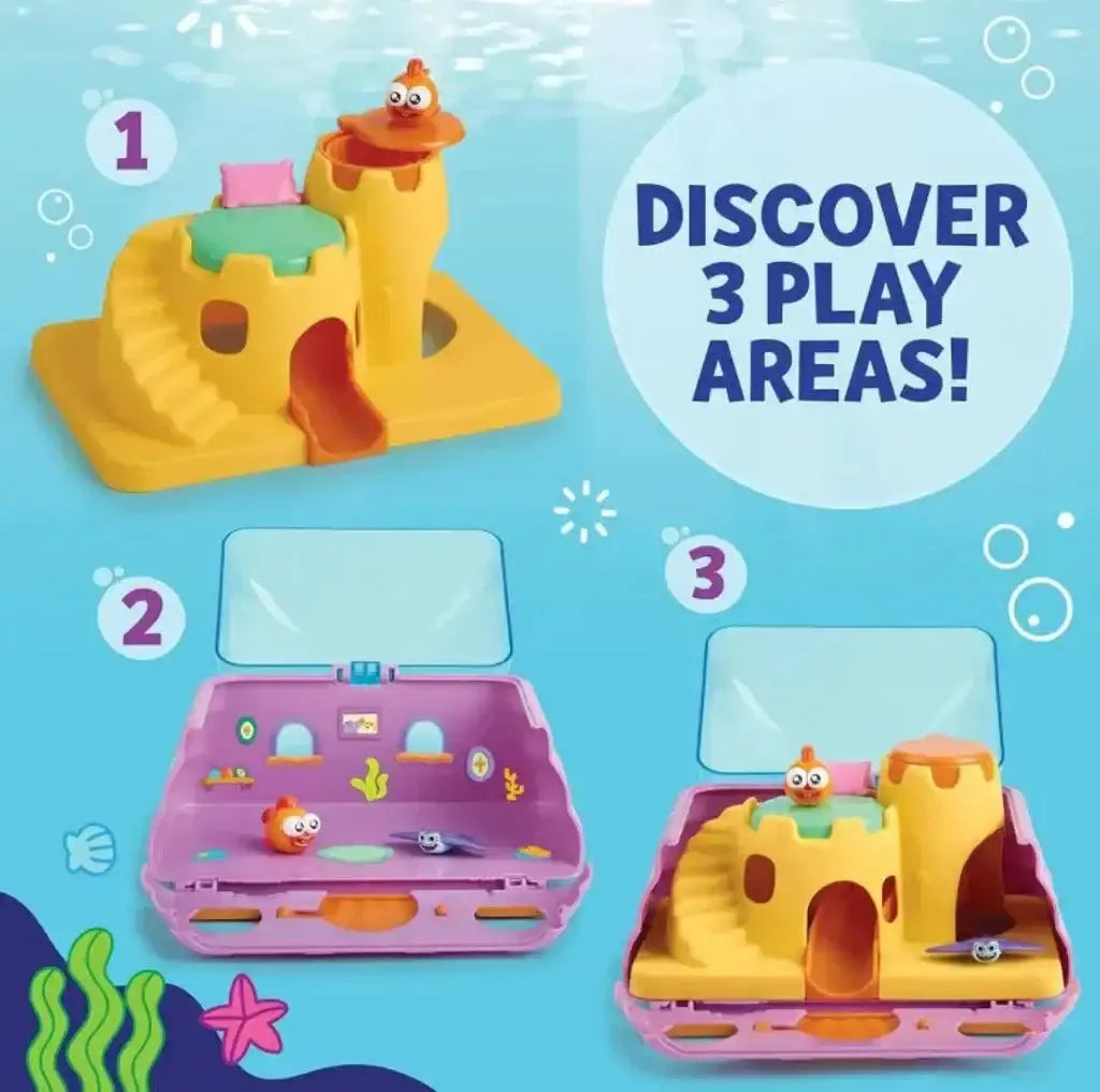 Baby Shark William's House playset showing three play areas in a pink case and DISCOVER 3 PLAY AREAS overlay