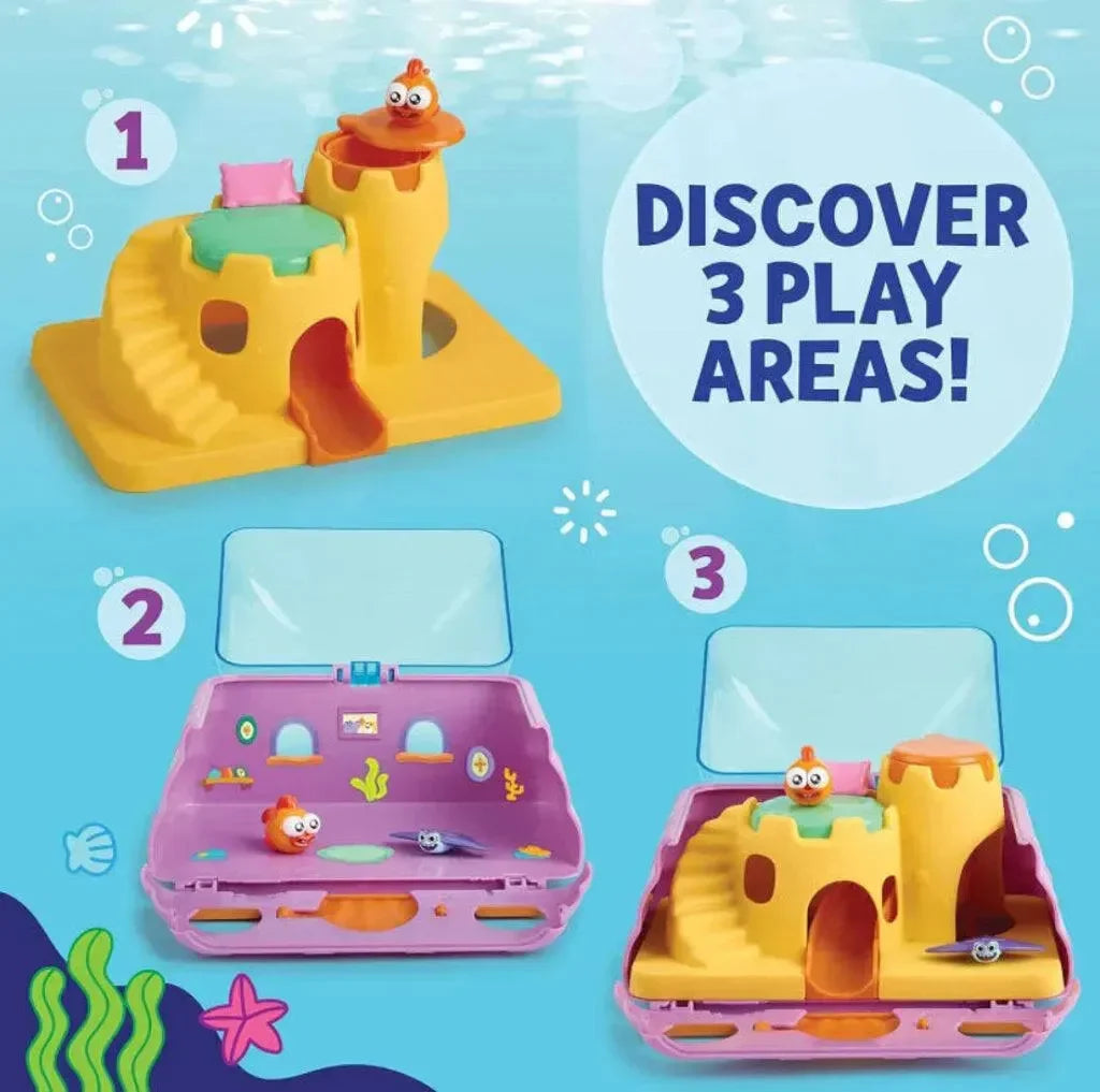Baby Shark William's House playset showing three play areas in a pink case and DISCOVER 3 PLAY AREAS overlay