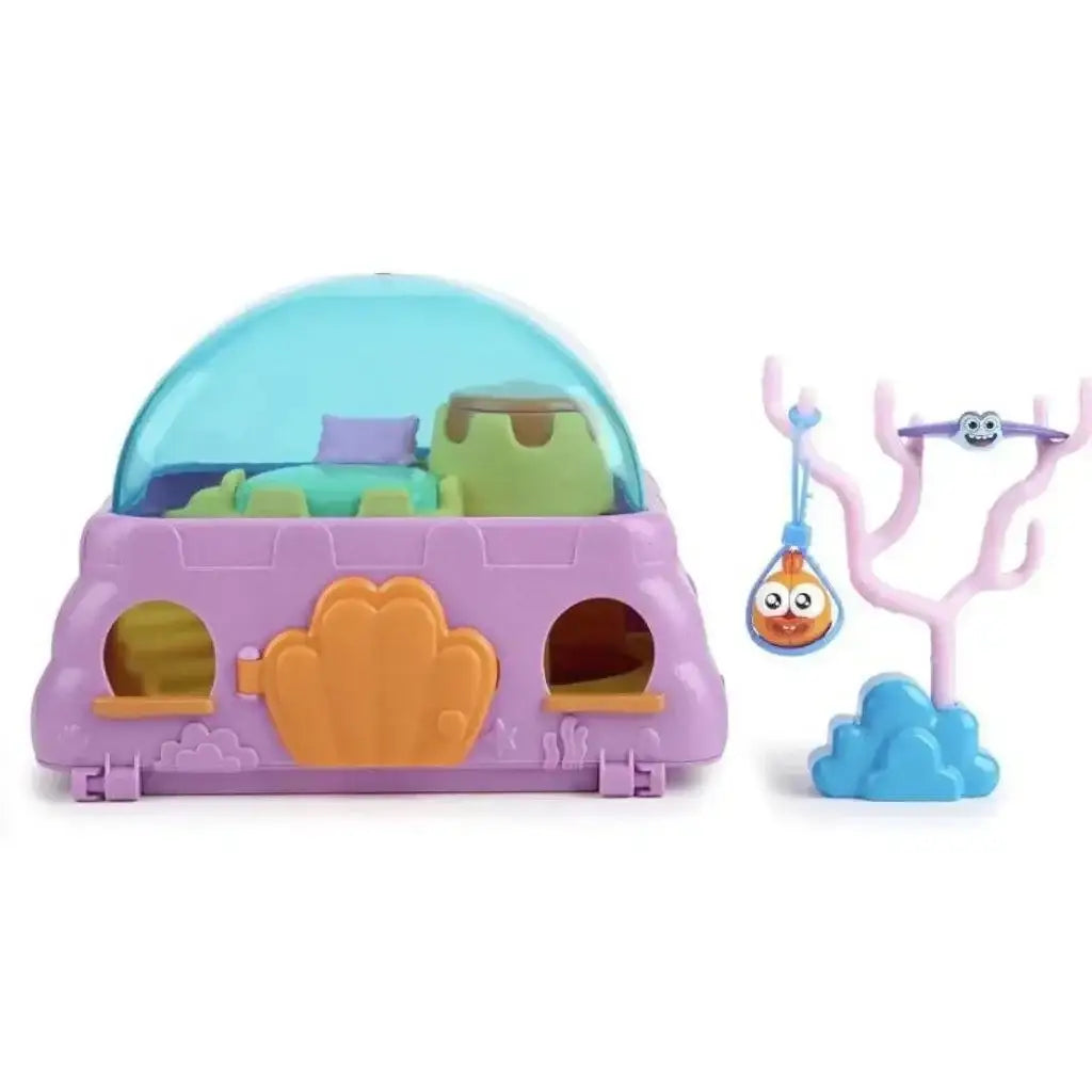 Front of Pinkfong Baby Shark William's House playset: purple shell with blue dome, pink tree with hanging orange toy